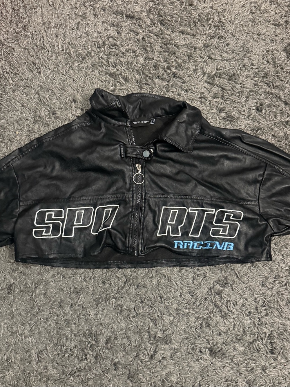 PrettyLittleThing Black Faux Leather 'Sports Racing' Cropped Womens Jacket